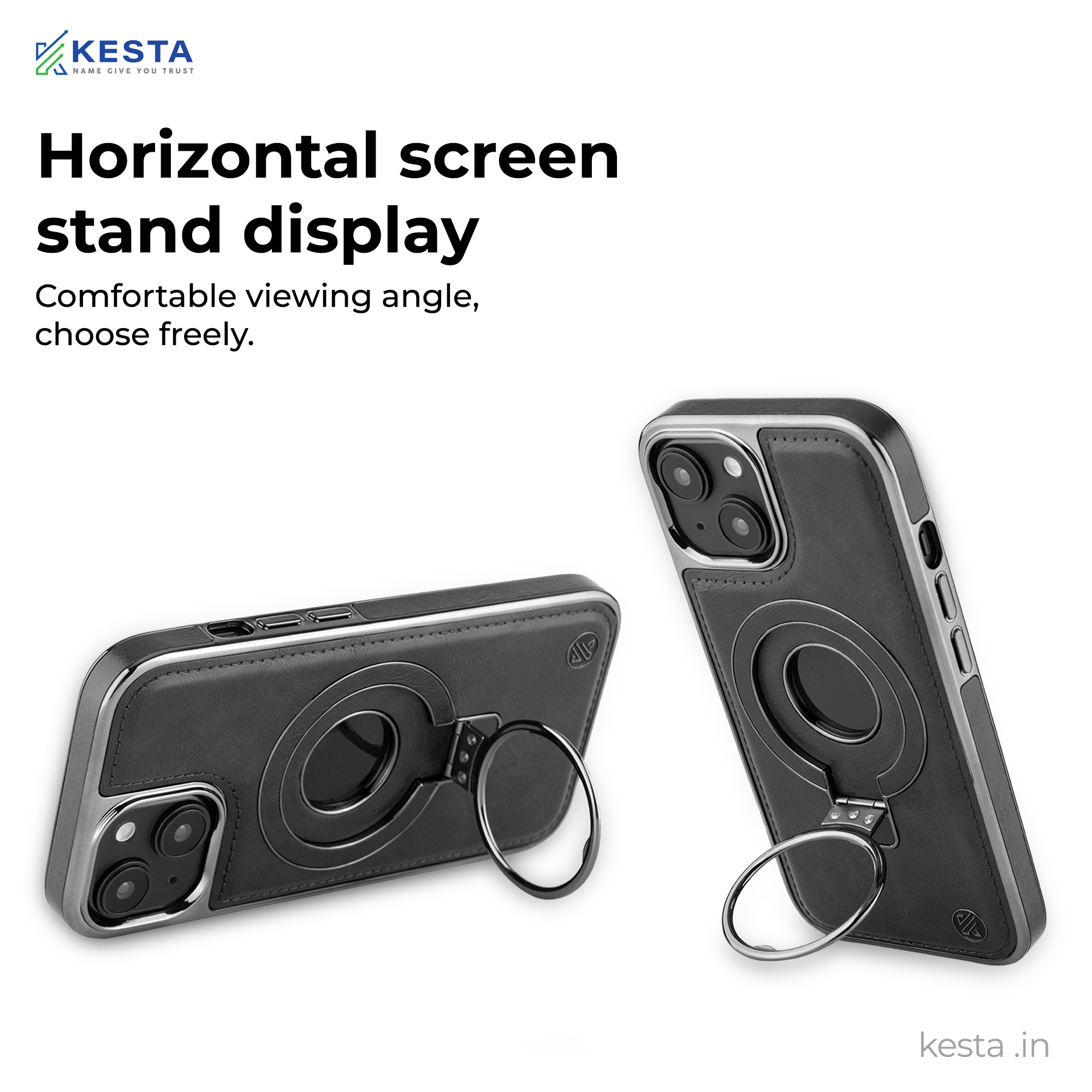 iPhone 15 Cover - Classy Elite Black Leather Case (Built-In Magnetic Ring Holder)